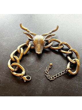 Western Women Dear Stag Head Gold Chain Link Bracelet Rodeo Huntress Biker Brass
